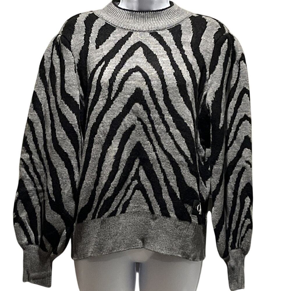 Calvin Klein Mock Neck Sweater • Gray & Black Zebra • Balloon Sleeves  Women’s M